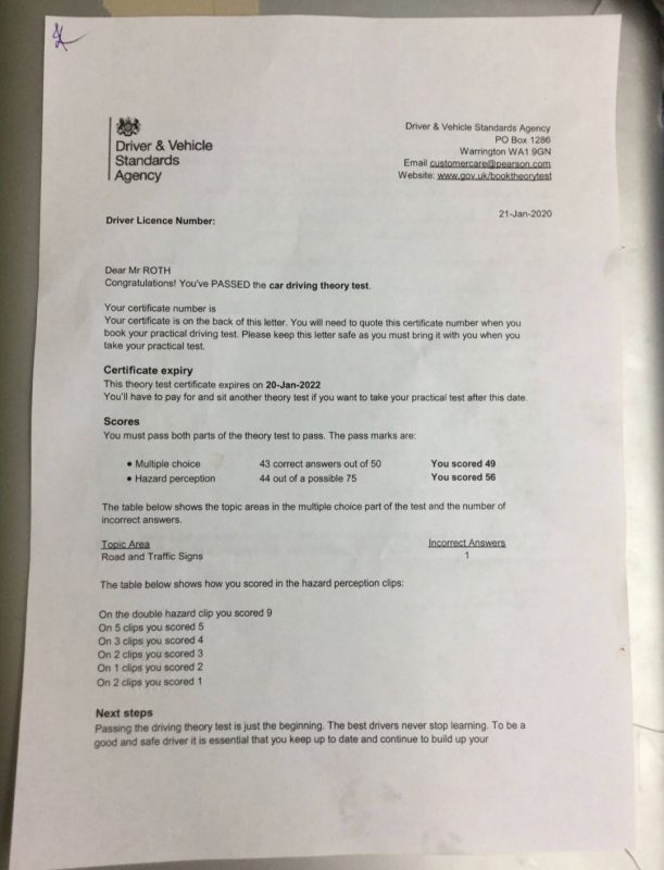 Theory test certificate